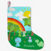 ベビー恐竜と蝶、虹、太陽 スモールクリスマスストッキング (正面)