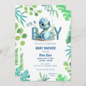 ベビー恐竜の卵の緑と青の赤ちゃんシャワー 招待状 (正面/裏面)