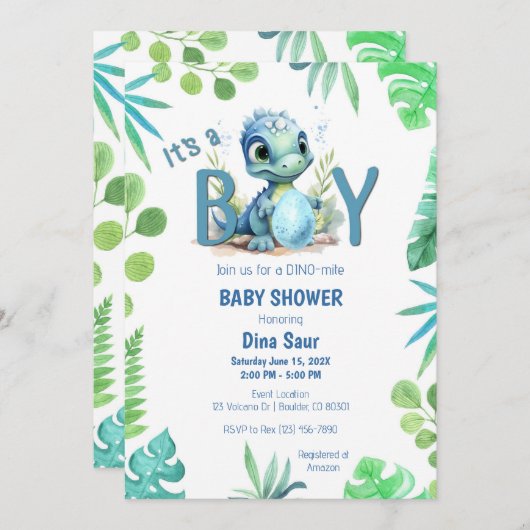 ベビー恐竜の卵の緑と青の赤ちゃんシャワー 招待状 (正面/裏面)