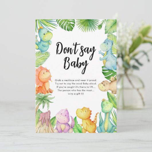 ベビー恐竜の赤ちゃんシャワーゲームカードと言わない 招待状 (スタンド正面)