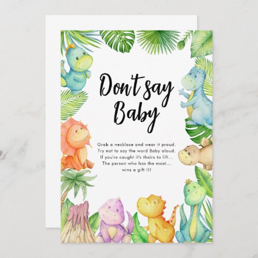 ベビー恐竜の赤ちゃんシャワーゲームカードと言わない 招待状 (正面/裏面)