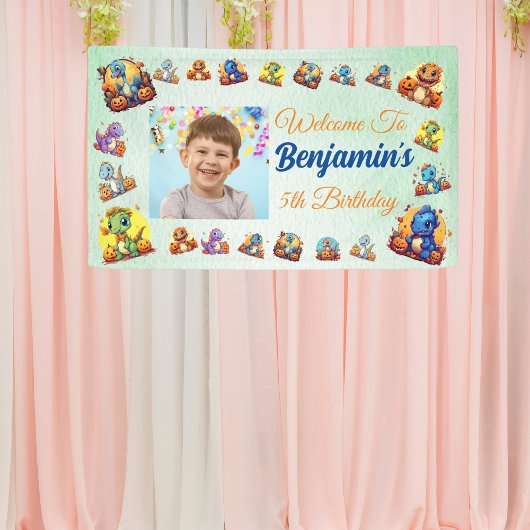 ベビー恐竜テーマキッズボーイ誕生日ライトグリーン 横断幕