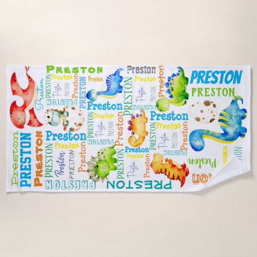 ベビー恐竜パーソナライズされたの少年の名前 ビーチタオル (正面)