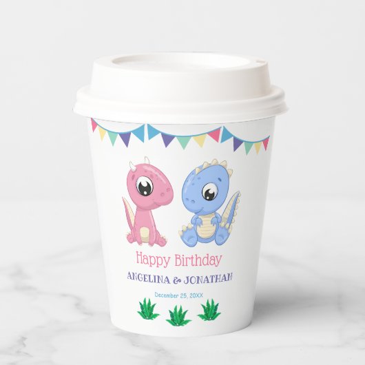 ベビー恐竜ボーイアンドガールジョイント誕生日 紙コップ (正面)