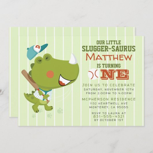 ベビー恐竜野球テーマの第1の誕生日パーティー 招待状 (正面/裏面)