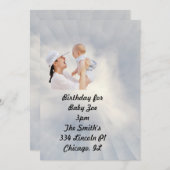 ベビー招待状とスカイブルー背景 サンキューカード (正面/裏面)