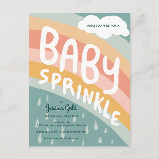 ベビー振りかけるかわいい雲レインボーレインカスタム インビテーションポストカード (正面)