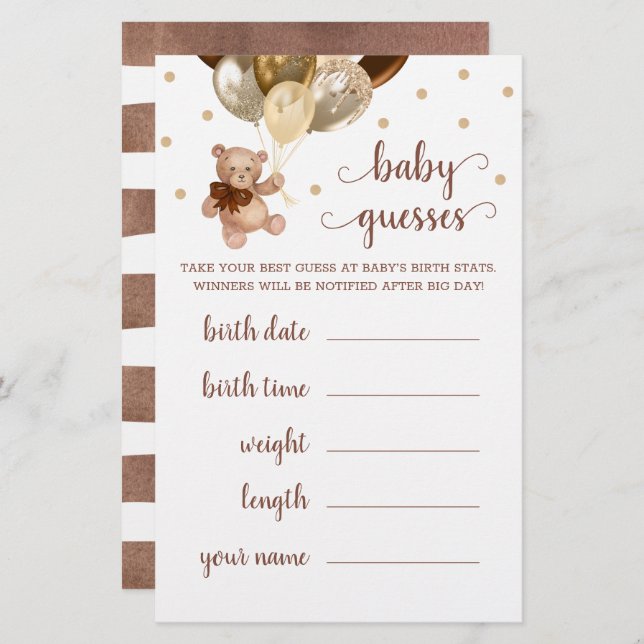 ベビー推測ゲーム赤ちゃんシャワーテディベア (正面/裏面)