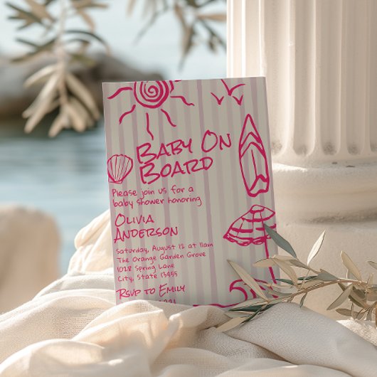 ベビー描オンボードサーフサマーガールベビーシャワー 招待状