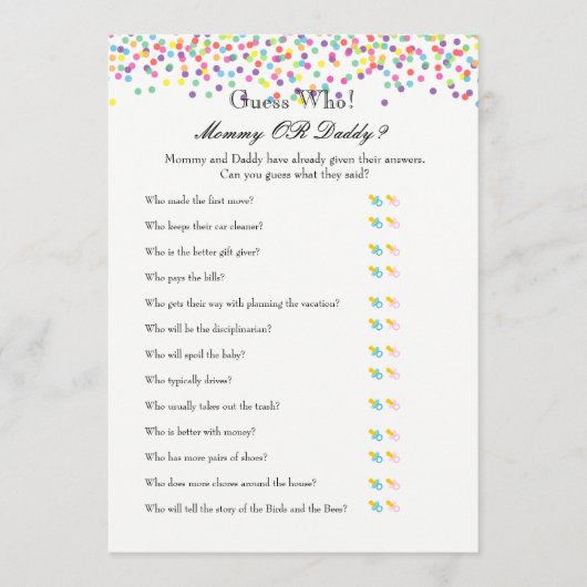 ベビー散水ゲーム – ベビーと推測の願い アドバイスカード (正面)