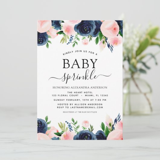 ベビー散水シャワーネイビーブルー赤面ピンクフローラ 招待状 (スタンド正面)
