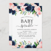 ベビー散水シャワーネイビーブルー赤面ピンクフローラ 招待状 (正面/裏面)