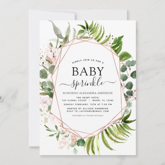 ベビー散水シャワーユーカリ緑の幾何学模様 招待状 (正面)