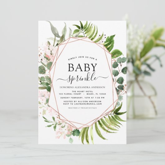 ベビー散水シャワーユーカリ緑の幾何学模様 招待状 (スタンド正面)