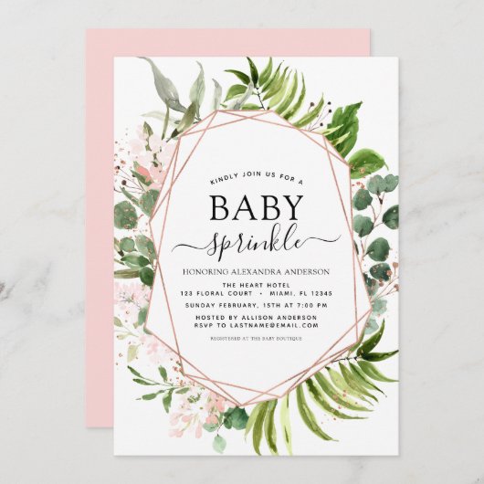 ベビー散水シャワーユーカリ緑の幾何学模様 招待状 (正面/裏面)