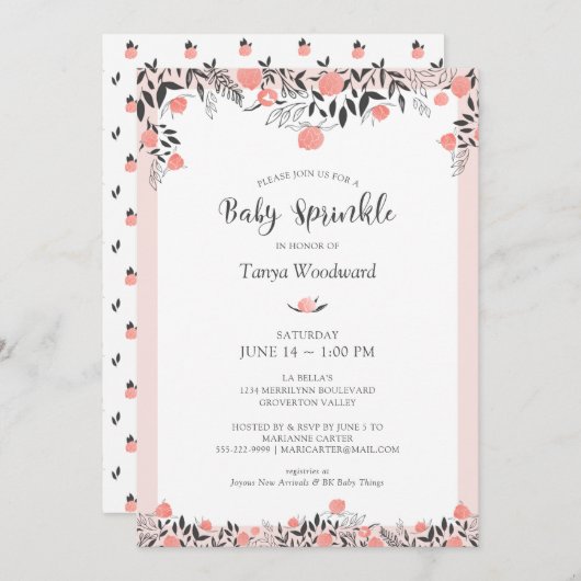 ベビー散水バラ金ゴールド赤面ピンクグレーフローラ 招待状 (正面/裏面)