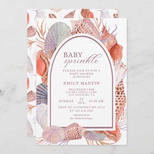 ベビー散水ビーチシーシェルズベビーシャワー 招待状 (正面/裏面)