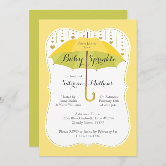 ベビー散水中性シャワーイエローグリーンアンブレラ 招待状 (正面/裏面)