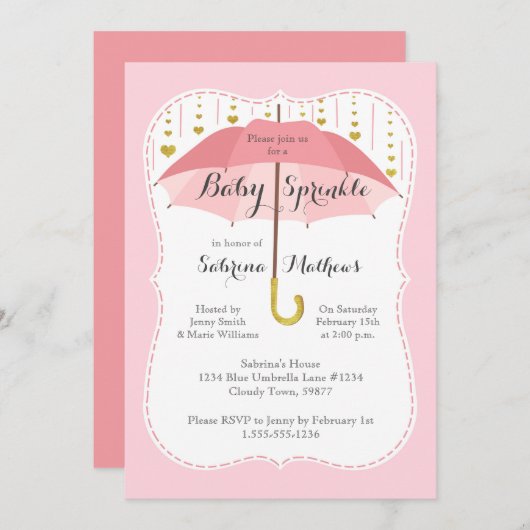 ベビー散水女の子シャワーピンク傘招待状 招待状 (正面/裏面)