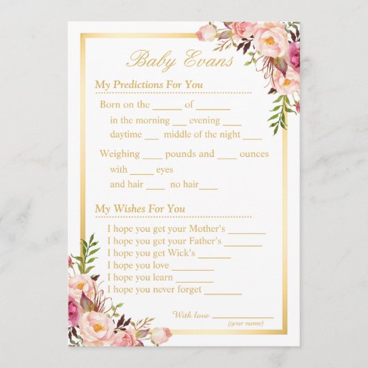 ベビー散水式シャワー推量ゲームと願い アドバイスカード (正面)