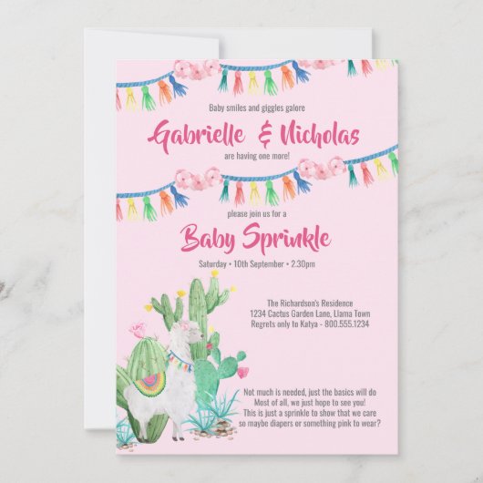 ベビー散水式ピンクラマベビーシャワー 招待状 (正面)