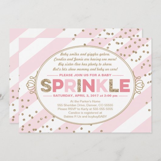 ベビー散水誘い女の子金ゴールドピンクストライプ色 招待状 (正面/裏面)