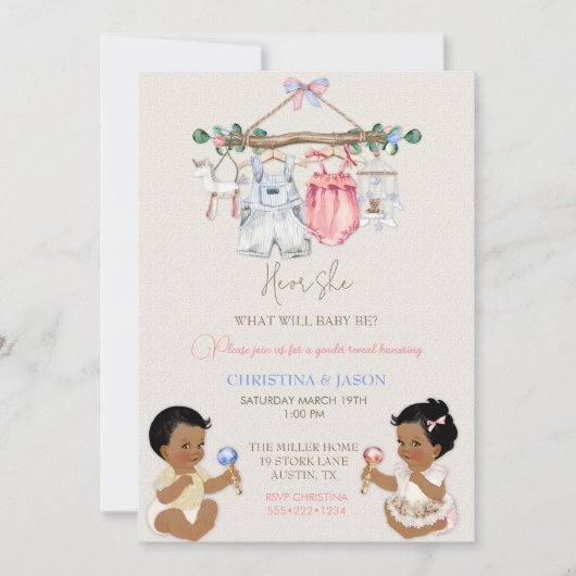 ベビー服 性別発表 アイボリー ピンク ブルー 招待状 (正面)