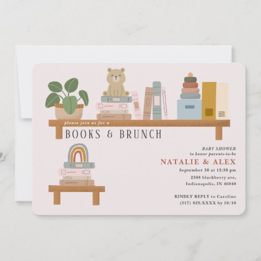 ベビー本棚ピンクの女の子ベビーシャワー 招待状 (正面)