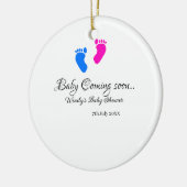 ベビー来の間もなく赤ちゃんシャワーブルーピンクベビー足n セラミックオーナメント (左)