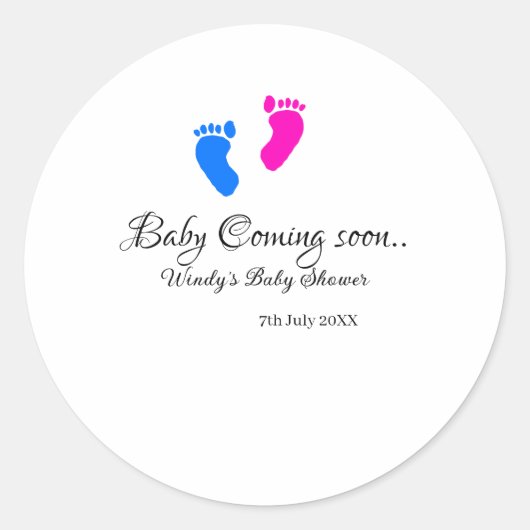 ベビー来の間もなく赤ちゃんシャワーブルーピンクベビー足n ラウンドシール (正面)