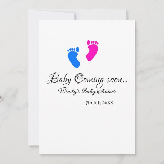 ベビー来の間もなく赤ちゃんシャワーブルーピンクベビー足n 招待状 (正面)