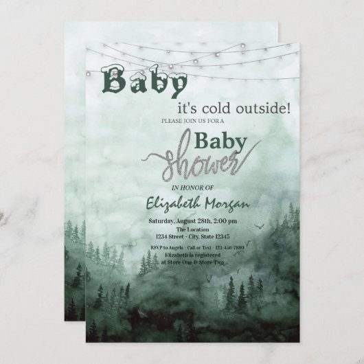 ベビー松の木の森の赤ちゃんシャワー 招待状 (正面/裏面)