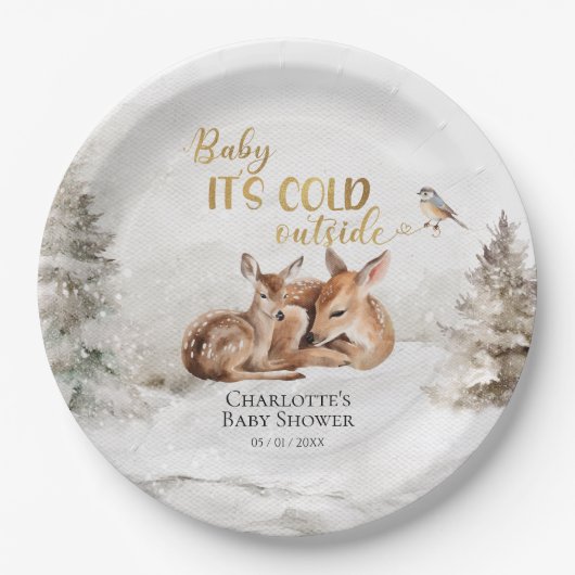 ベビー森の外で寒い鹿の赤ちゃんシャワー ペーパープレート (正面)