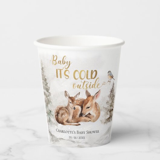 ベビー森の外で寒い鹿の赤ちゃんシャワー 紙コップ (正面)