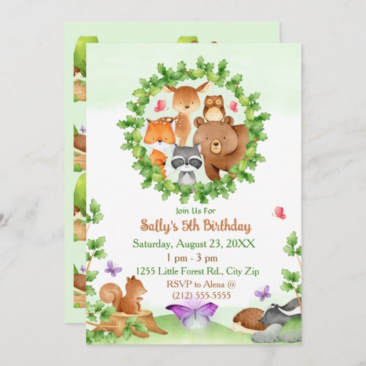 ベビー森林動物クマアライグマリス誕生日 招待状 (正面/裏面)