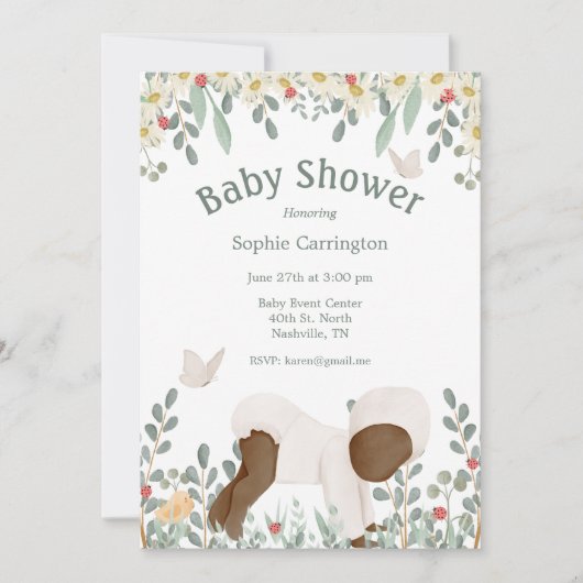 ベビー水彩フローラタイポグラフィベビーシャワーインヴィ 招待状 (正面)