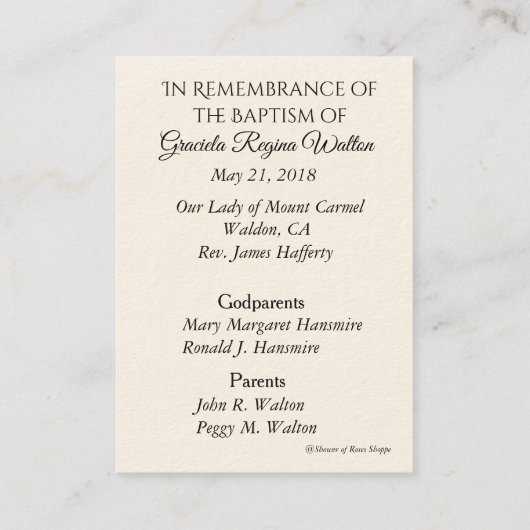 ベビー洗礼記念ヴァージンメアリーホリーカード 名刺 (裏面)