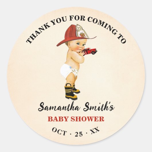 ベビー消防士来の赤ちゃんシャワーありがとう ラウンドシール (正面)
