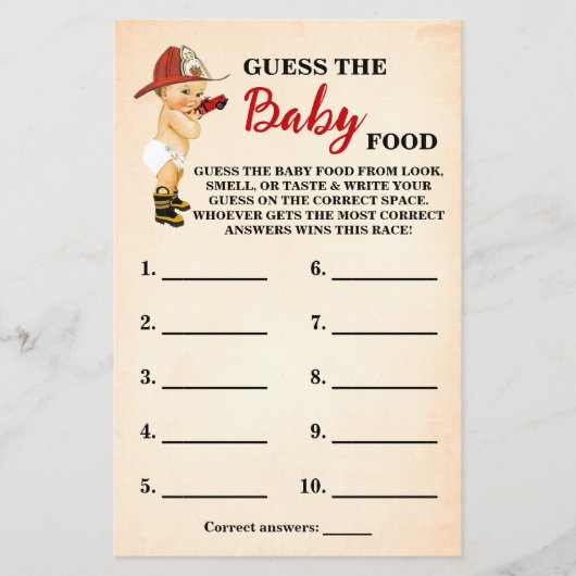 ベビー消防推測ベビーフードシャワーゲームカード チラシ (正面)