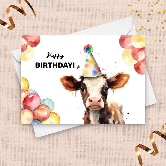 ベビー牛バルーン及びパーティーハットファーム誕生日 カード