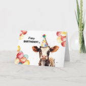 ベビー牛バルーン及びパーティーハットファーム誕生日 カード (正面)