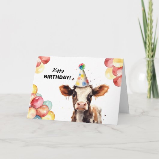 ベビー牛バルーン及びパーティーハットファーム誕生日 カード (正面)