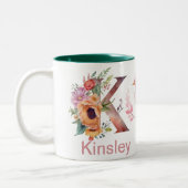 ベビー犬の写真名レターKフローラモノグラムバード ツートーンマグカップ (左)