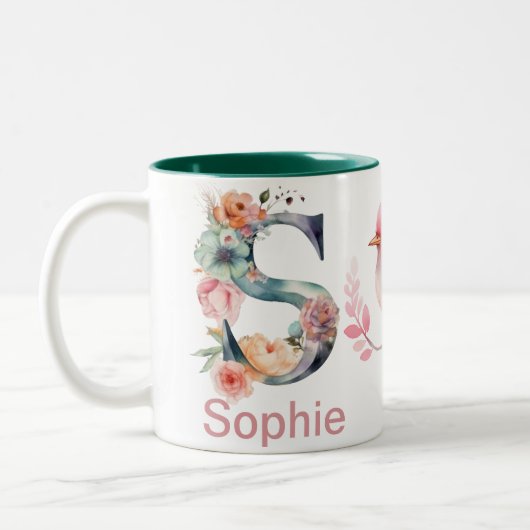 ベビー犬の写真名文字Sフローラモノグラムバード ツートーンマグカップ (左)