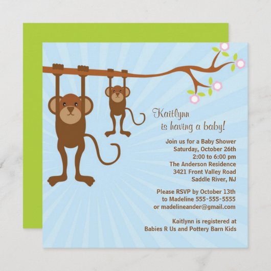 ベビー猿のサファリのベビーシャワーの招待状 招待状 (正面/裏面)