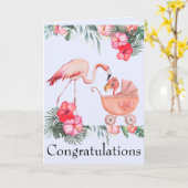 ベビー生まれたばかりのガールおめでとうピンクフラミンゴ カード (黄色い花)