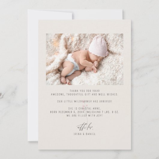ベビー生まれたばかりのガールアイボリーサンキューフォト誕生 案内状 (裏面)