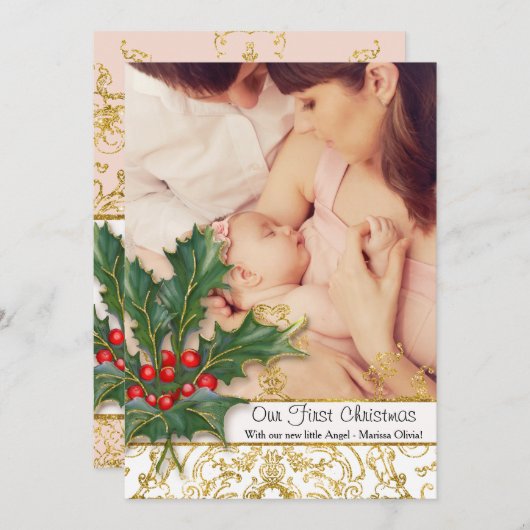 ベビー生まれたばかりのガールクリスマス金ゴールドグリッター写真 シーズンカード (正面/裏面)