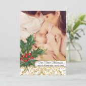 ベビー生まれたばかりのガールクリスマス金ゴールドグリッター写真 シーズンカード (スタンド正面)