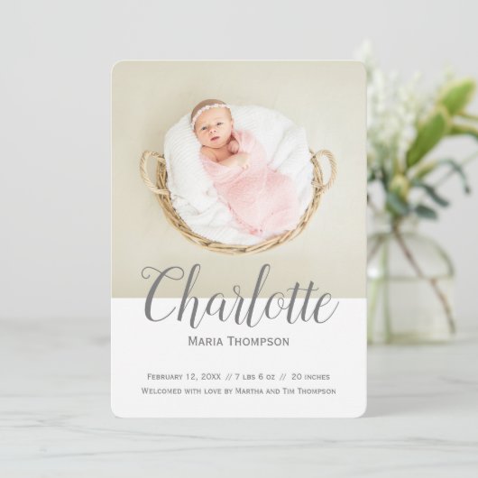 ベビー生まれたばかりのガールフォト名スクリプトオーバーレイ 案内状 (スタンド正面)
